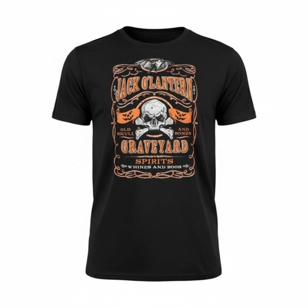 Happy Halloween Jack O'Lantern Graveyard Spirits Skull Graphic T-Shirt 2XL Black